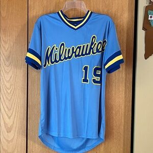 New Milwaukee brewers mesh jersey Adult MEDIUM number 19 knit cuffs and collar